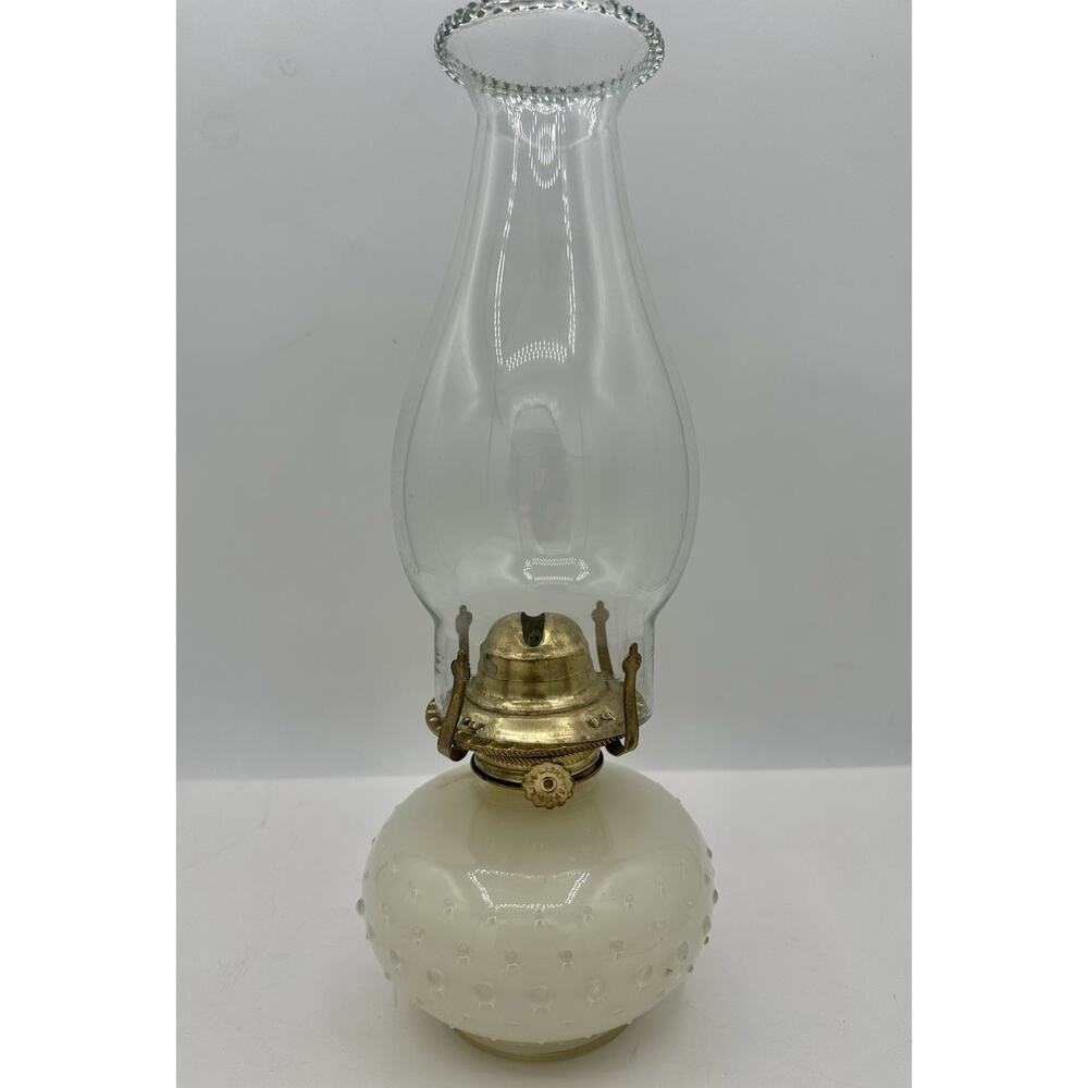 Lamplight Farms Milk Glass Hobnail Oil Lamp w/ Beaded Chimney Vintage